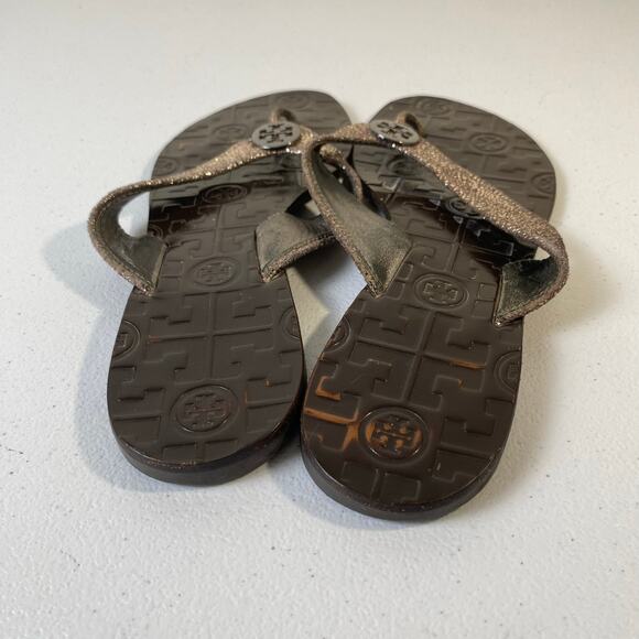 Tory Burch Women's Size 7 Thora Sandals Flip Flop Thongs Metallic Pewter Leather - Picture 4 of 12